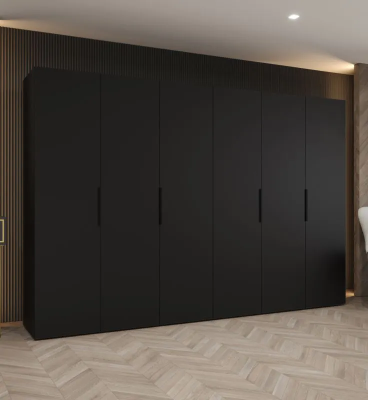 Drehtürenschrank / Kleiderschrank mit sechs Türen Korab 50, Farbe: Schwarz, 3 Meter breit, Griffe: Schwarz, vier Kleiderstangen, Soft-Close-Funktion