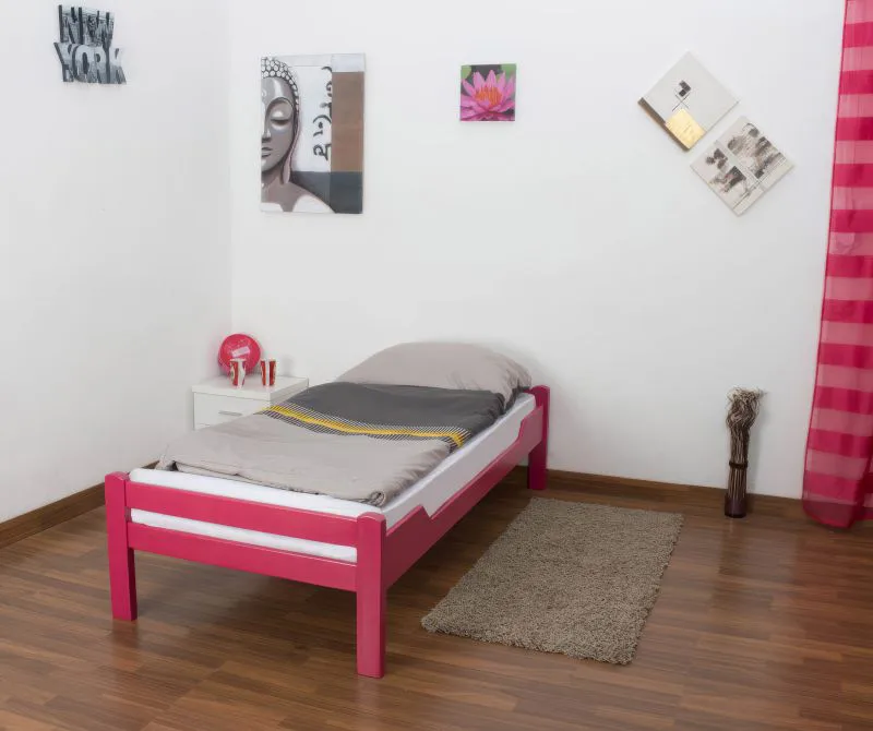 Rosa lackiertes Einzelbett "Easy Premium Line" K1/1n, Vollholz Buche - Matratzenabmessungen 90 x 200 cm, abgerundetes Kopfteil
