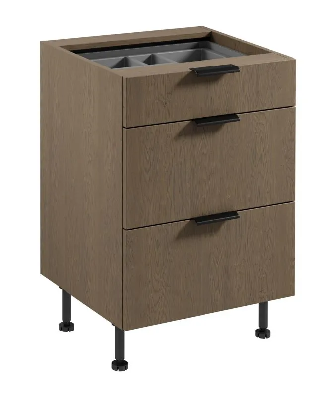 Küchenunterschrank | 3 Schubladen | Farbe: Eiche Baltic Storm | inkl. Besteckeinsatz | Soft-Close Funktion | 60 x 52 x 87 cm | Metallgriffe | verstellbare Beine