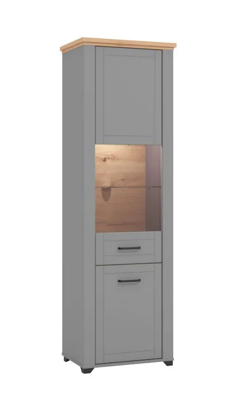 Schmale Vitrine mit zwei Türen Banat 04, Farbe: Eiche Artisan / Graphitgrau / Grau, fünf Fächer, ABS-Kantenschutz, Maße: 194,5 x 60,5 x 41 cm, für Wohnzimmer