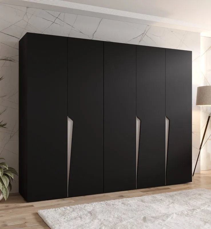 Kleiderschrank | Farbe: Schwarz | 5-Türig | 3 Fächer | Griffe: Kaschmir | 3 Kleiderstangen| Soft-Close-Funktion | Maße: 250 x 52 x 202 cm | ABS-Kanten