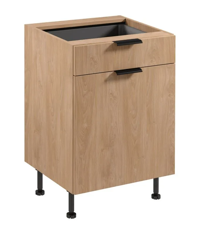 Küchenunterschrank | 1 Schublade inkl. Besteckeinsatz | Farbe: Eiche Puccini | Soft-Close Funktion | 60 x 52 x 87 cm | Metallgriffe | 1 Drehtür | 2 Fächer